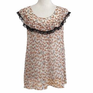 Anna SUI 100% SILK ROSTER PRINT EMBROIDERED RUFFLE SLEEVELESS SHEER BLOUSE